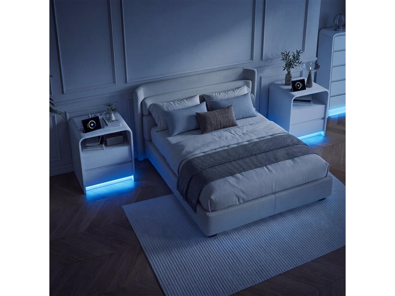  Lot de 2 tables de chevet avec 2 tiroirs, station de charge et led, table de nuit, style moderne, blanc  - Conforama D