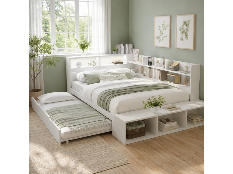  Lit enfant 120x200 cm, lit gigogne 90x190 cm, rangement intégré, banquette, led et port de charge, multifonction bois - blanc  - Conforama C