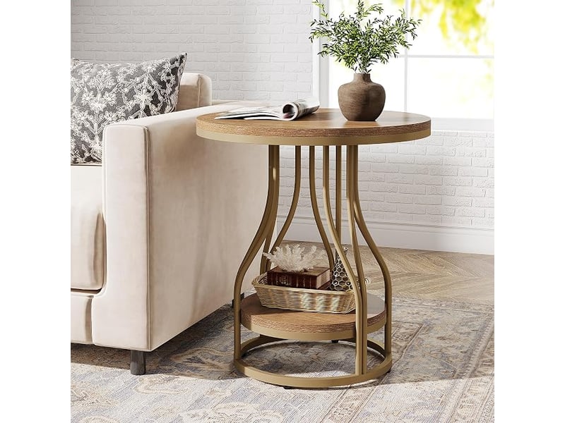  Table d'appoint ronde à deux niveaux, table de chevet moderne, petite table d'appoint avec rangement pour le salon ou la chambre, avec structure en métal.  - Conforama B