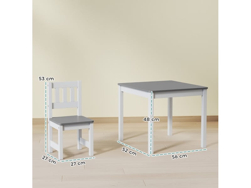  Ensemble table et 2 chaises enfant 56 x 52 x 48 cm gris et blanc en mdf et bois de pin, 3 à 8 ans  - Conforama C