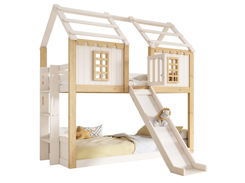 Lit superposé enfant 90x200 cm avec toboggan et échelle réversible, blanc et bois naturel - Conforama A