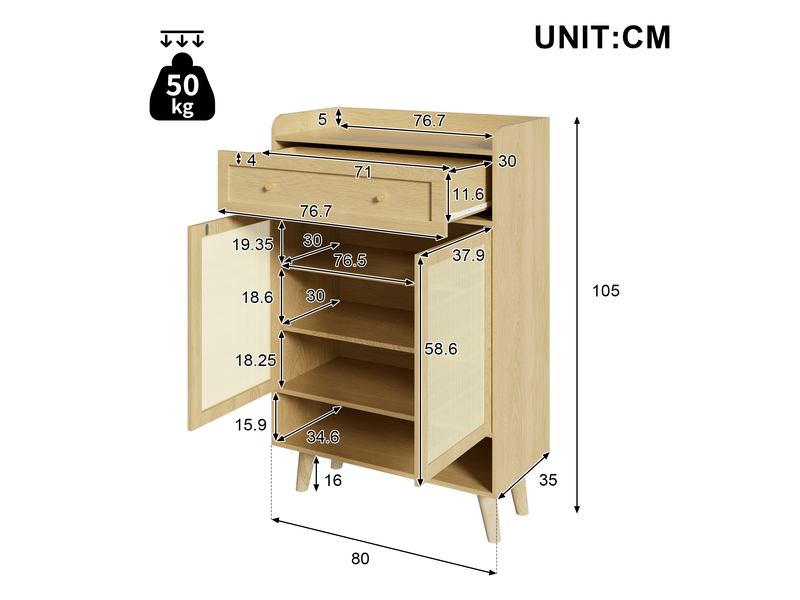  Meuble à chaussures 80x35x105 cm, 2 portes rotin, 1 tiroir, 4 étagères, rangement ouvert, meuble d'entrée, panneau particules - chêne clair  - Conforama C