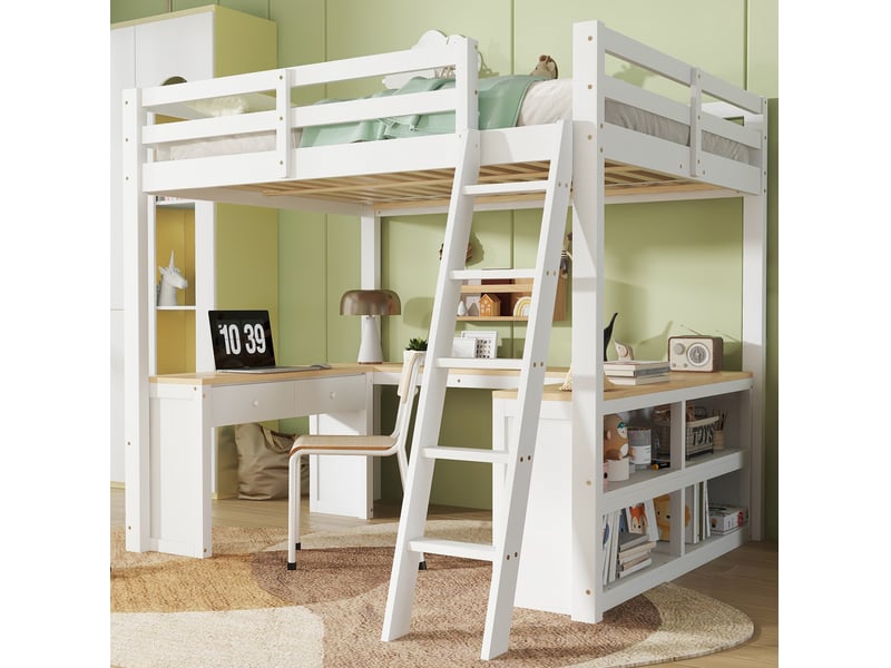  Lit mezzanine enfant 140x200 cm avec bureau en u, 2 tiroirs, rangement, bois, mdf, panneau de particules, blanc et naturel sans matelas  - Conforama D