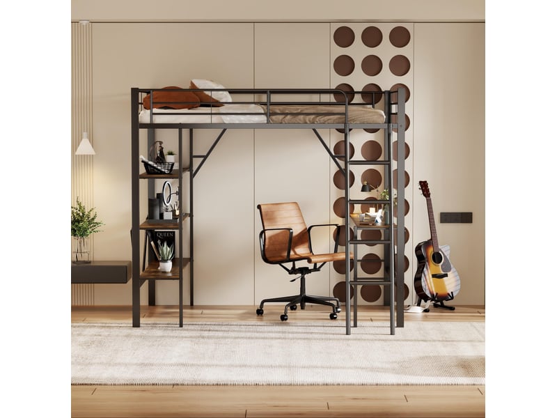  Lit mezzanine 90x200cm, table, sommier en métal, lit simple, 3 étagères rangement, noir, sans matelas  - Conforama E