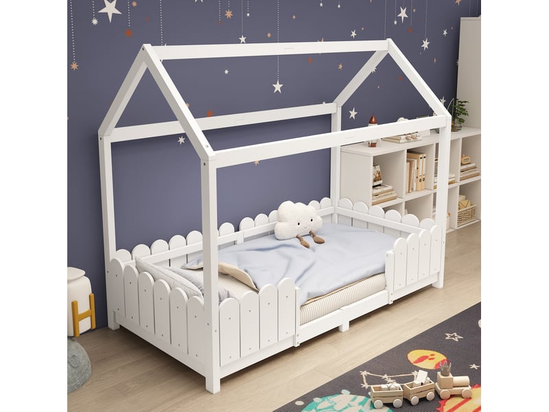  Lit cabane enfant 90x200 cm avec barrière et sommier à lattes blanc  - Conforama D