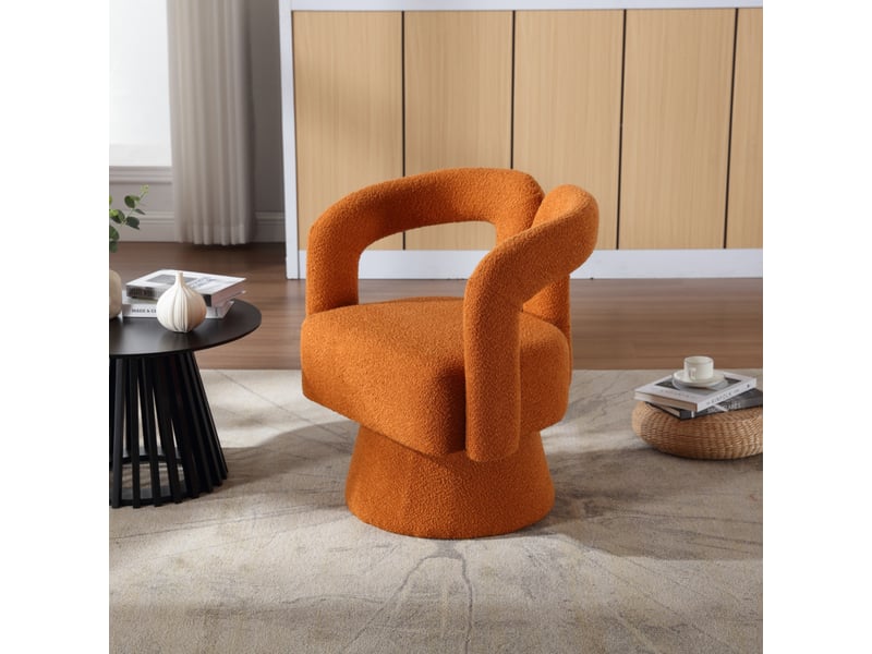  Fauteuil crapaud pivotant 360° 67x55x74cm – fauteuil tonneau lounge au design évidé avec socle en métal – tissu bouclé - orange  - Conforama E