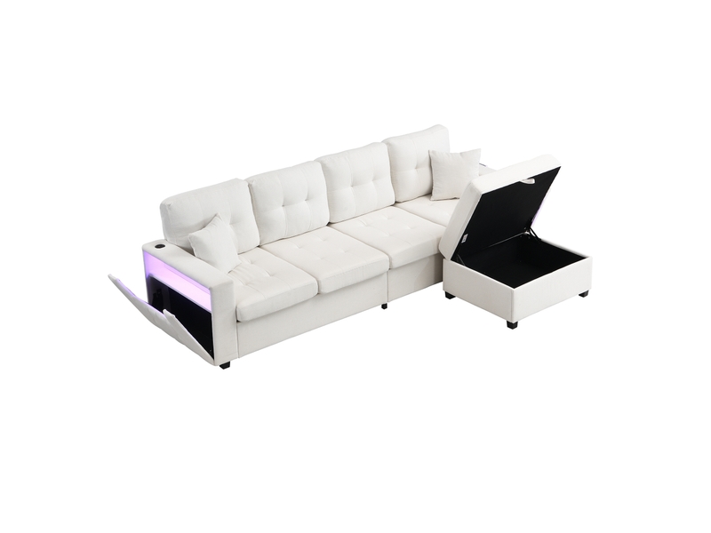  Canapé d'angle modulaire en lin, pouf rangement libre, 2 rangements aux accoudoirs, usb &amp; type-c, led, 253 cm  - Conforama A