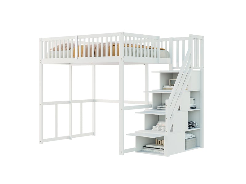  Lit mezzanine, 140x200 cm, lit en hauteur, avec échelle aménagée, garde corps, matelas non inclus, bois, coloris blanc  - Conforama A