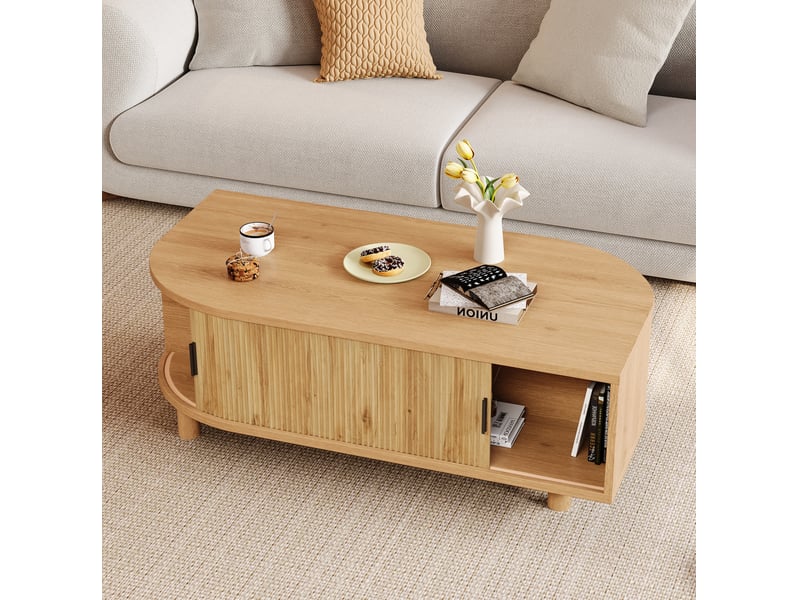 Table basse 100x50x35 cm avec 2 portes coulissantes, finition bois naturel - Conforama B