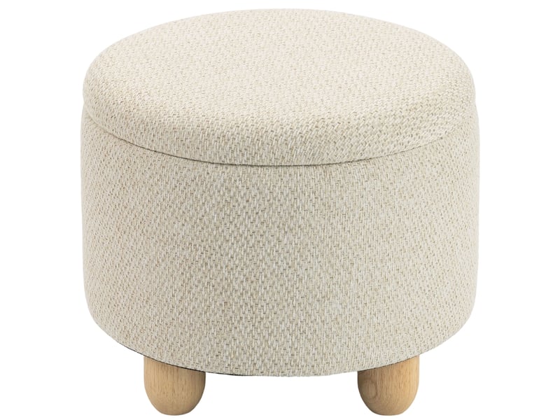  Pouf coffre de rangement rond en toile de jute, repose-pieds avec couvercle, beige, pieds bois hévéa  - Conforama B