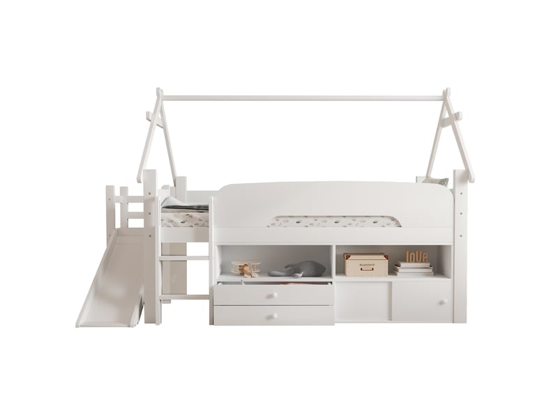 Lit mezzanine enfant 90×200 cm avec toboggan, rangements et espace de jeu, bois, blanc, sans matelas - Conforama A