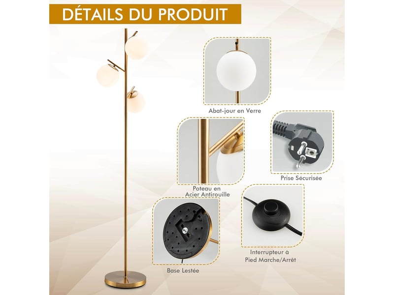 Costway lampadaire à 3 globes, lampe sur pied moderne avec interrupteur à pied et poteau métallique, 3 culots d'ampoule e27, pour salon, chambre, bureau, doré  - Conforama F
