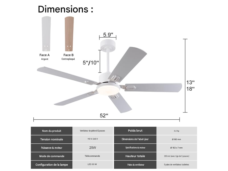  Ventilateur de plafond avec éclairage led télécommande 5 pales 132x132x37 cm  - Conforama C