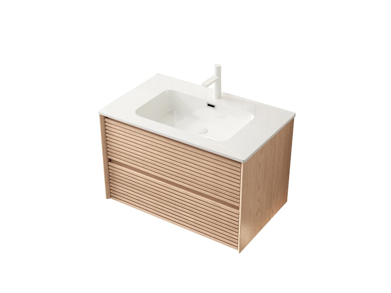 Meuble rangement vasque deux tiroirs ceramique blanc bois naturel grand homvra - Conforama A