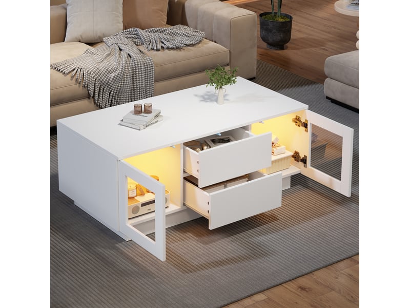  Table basse avec 2 tiroirs, 2 rangements vitrés et éclairage led réglable pour salon en mdf blanc 100 × 50 × 40 cm  - Conforama E
