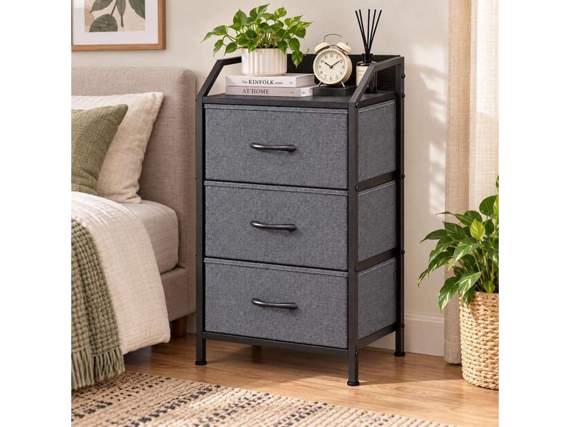  Table de chevet 40x30x78 cm trois tiroirs tissu gris fonce et metal noir  - Conforama B