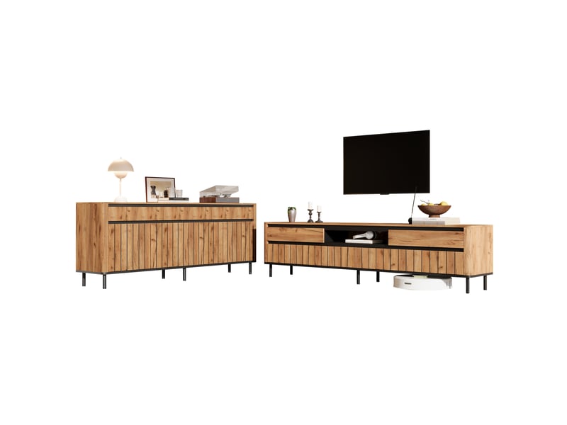 Ensemble meuble tv et buffet avec 4 portes, 3 portes et rangements ouverts pour salon en mdf et métal naturel noir - Conforama A
