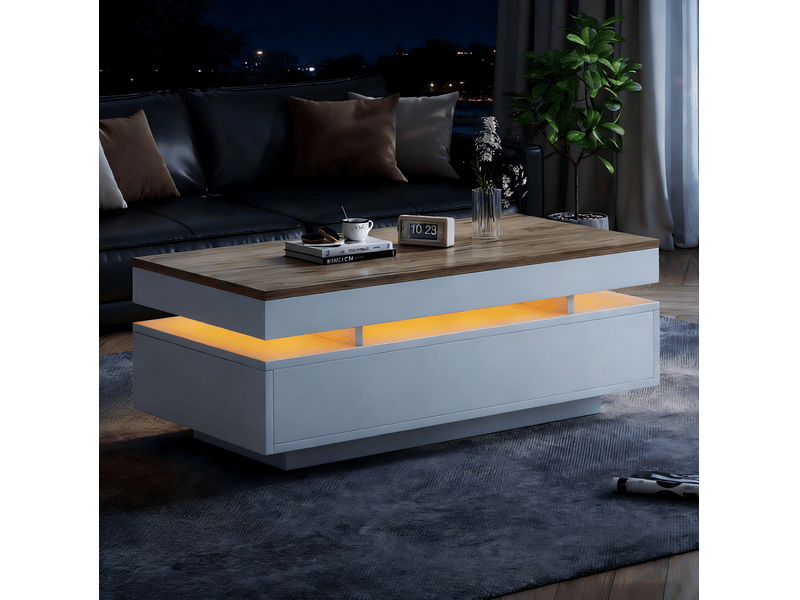  Table basse avec éclairage led 100x50x35 cm, panneau de particules, 2 tiroirs, surface brillante, coloris blanc + ton bois  - Conforama E