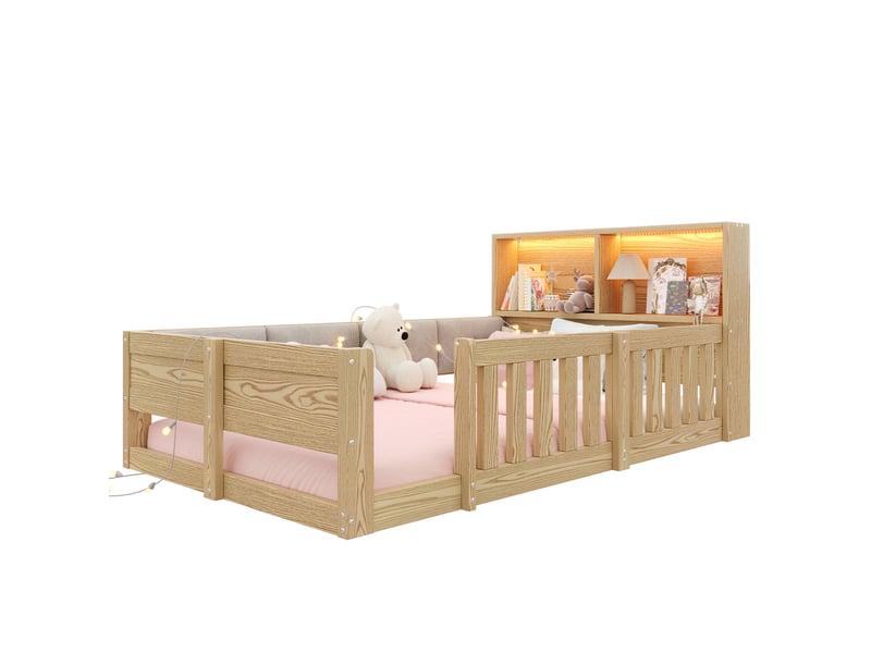  Lit simple enfant 90x200 cm avec rangement led coloris naturel  - Conforama A