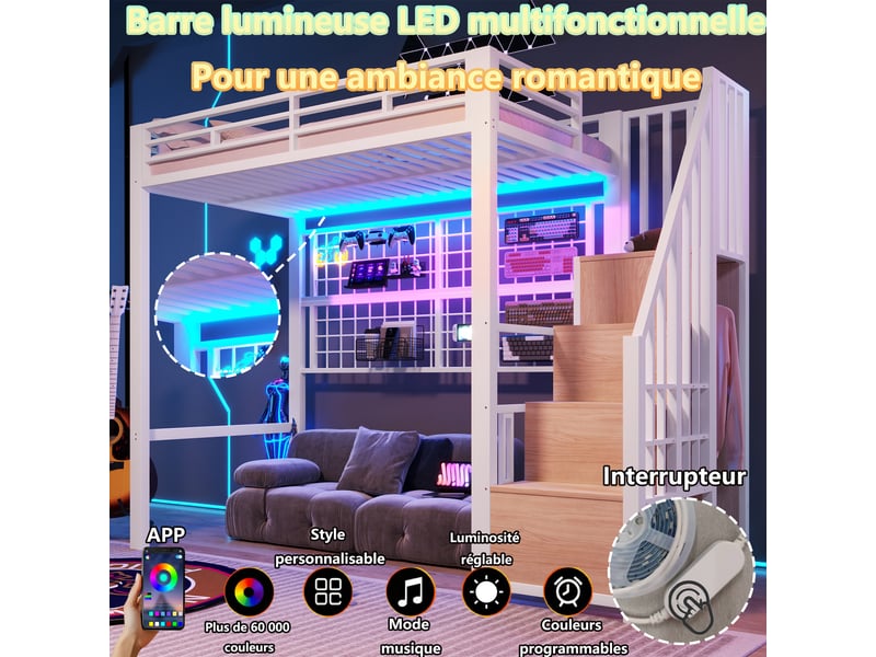 Lit mezzanine en métal 90x200 cm, lit avec penderie, échelle de rangement, barres de suspension, led 7 couleurs, espace sous lit, blanc evarich - Conforama D