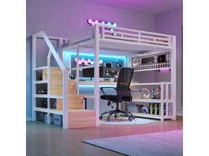 Lit mezzanine enfant 140x200 cm, lit surélevé en métal avec bureau, penderie, étagères, escalier de rangement, led, usb et usb-c, blanc