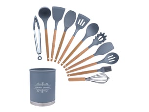 Ensemble de 12 ustensiles de cuisine en silicone gris avec seau de rangement et poêle antiadhésive