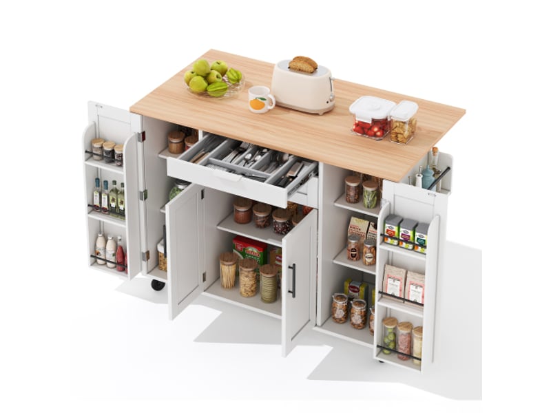  Îlot de cuisine mobile mdf blanc et naturel, plateau extensible 136x70x92 cm  - Conforama A