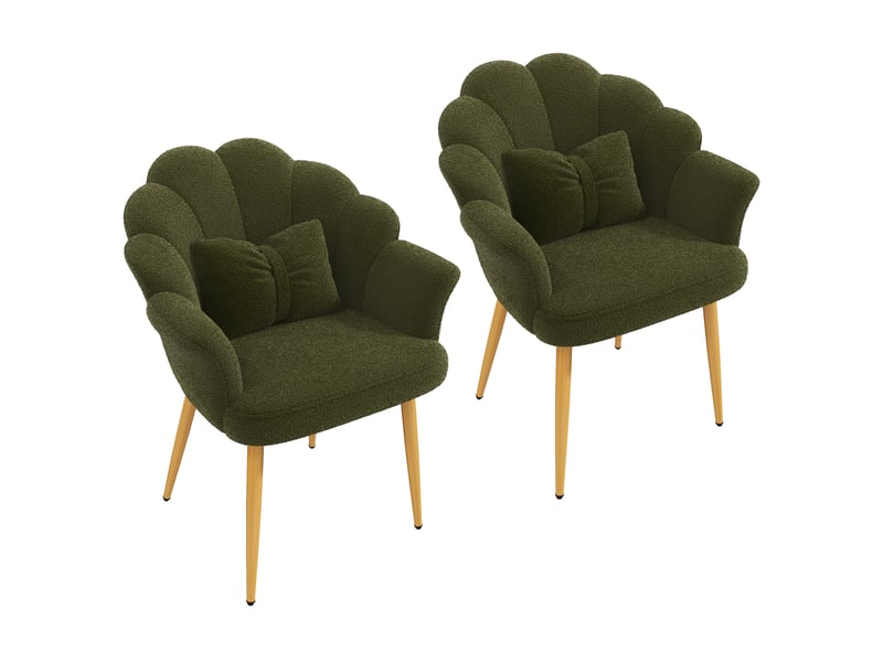  Lot de 2 fauteuils de salle à manger 64x65,5x85 cm en tissu teddy vert, pieds dorés  - Conforama A