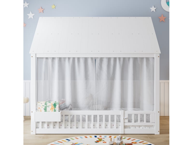 Lit cabane enfant 140x200 cm – blanc – rideaux décoratifs et rangement latéral ouvert – sans matelas - Conforama B