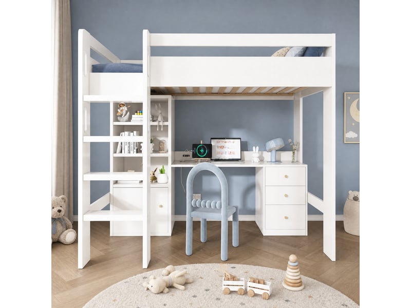  Lit mezzanine enfant 90x200 cm avec bureau usb-c et rangements, blanc  - Conforama C