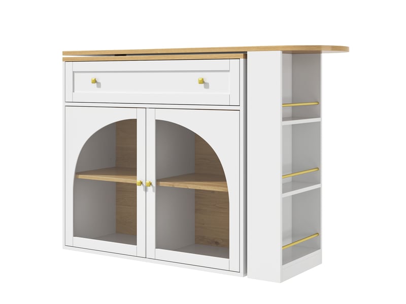  Meuble de cuisine muvano, table de bar extensible de 138 à 204 cm, blanche avec rangement  - Conforama A