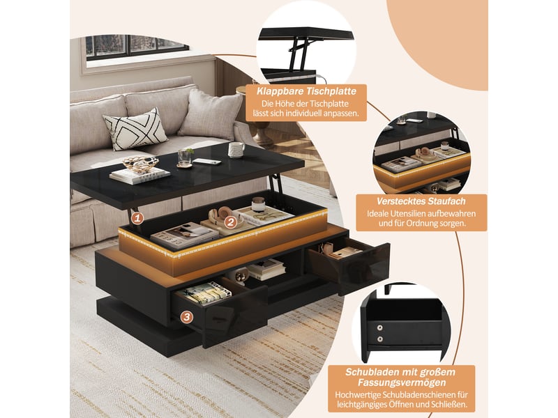 Table basse relevable 100x50x40 cm avec led via appli, 2 tiroirs, rangement caché, niche semi-ouverte, finition noir brillant, usb, pour salon - Conforama E
