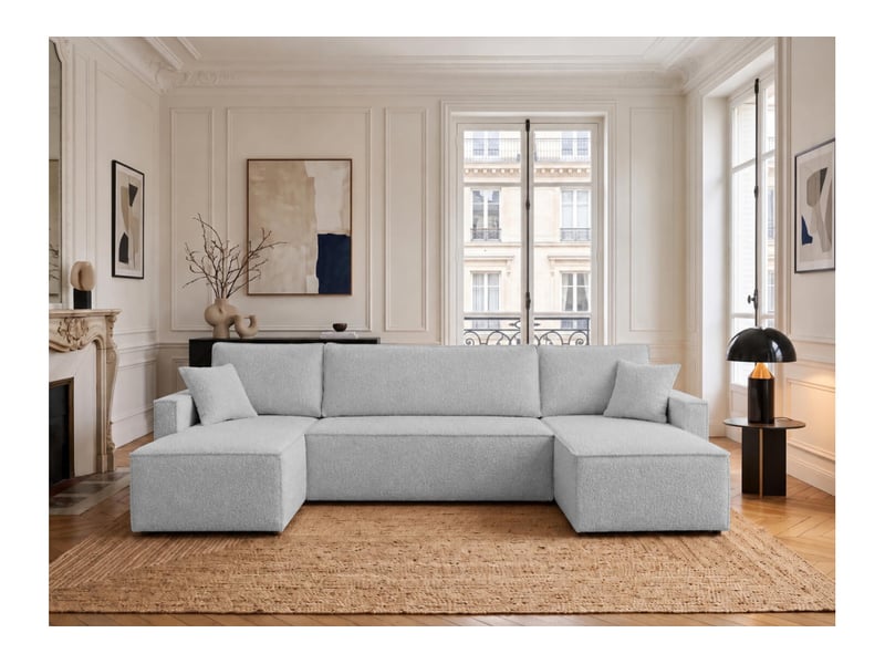  Farah - canapé d'angle panoramique convertible 6 places accoudoirs slim en tissu bouclettes généreuses  - Conforama B
