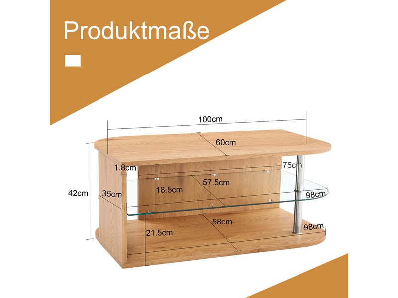  Table basse moderne avec rangement, effet bois naturel et étagère en verre, 100 × 60 × 42 cm  - Conforama C