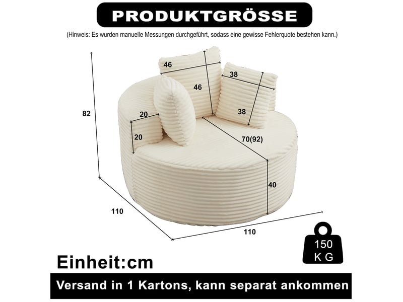  Fauteuil rond modenvie 110 x 110 x 82 cm beige en velours côtelé avec 3 coussins  - Conforama C