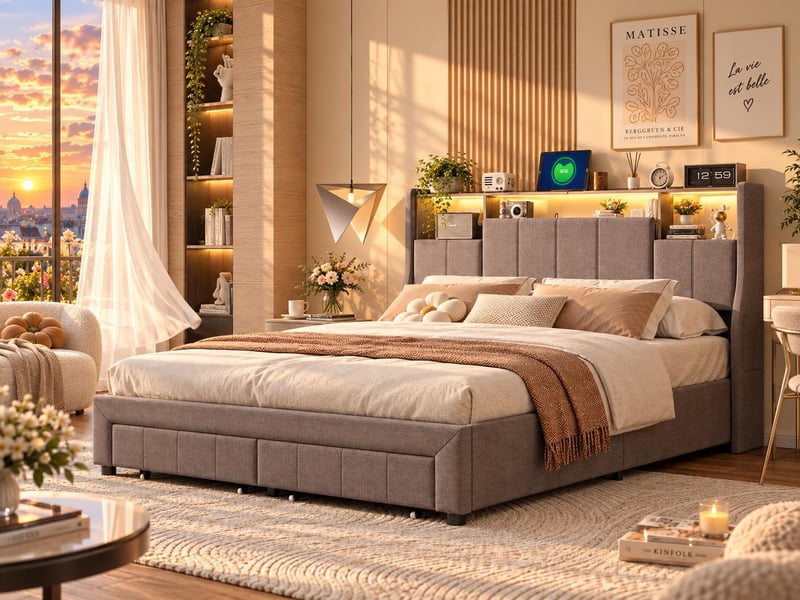  Lit 2 places 160x200 cm - tiroirs de rangement et led - rangement tête de lit - lit 2 places tissu - sommier à lattes  - Conforama B