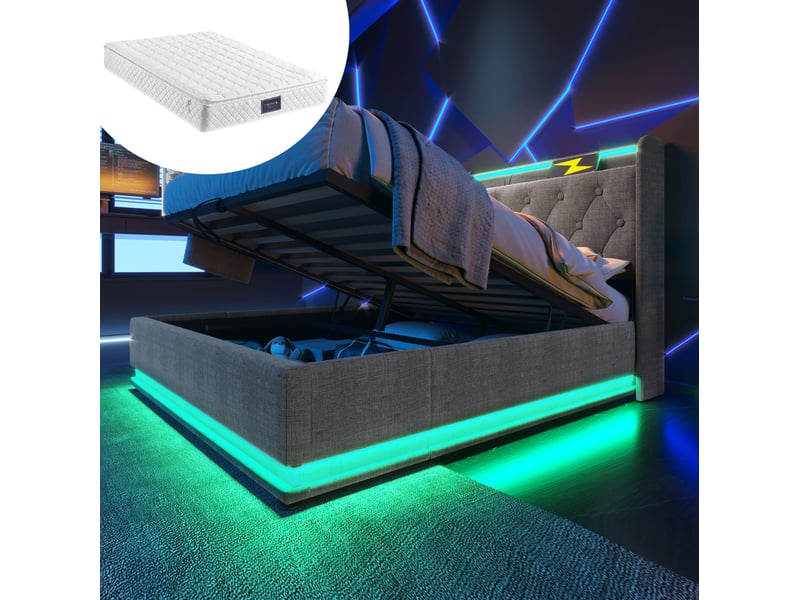  Lit coffre 160x200 avec led 360°, usb-c et télécommande, gris evryae  - Conforama C