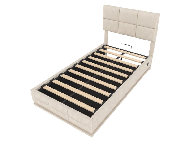  Lit coffre tcqpz 90 x 200 cm en velours beige avec tête de lit réglable, led, usbtype-c et rangement hydraulique, sans matelas  - Conforama A