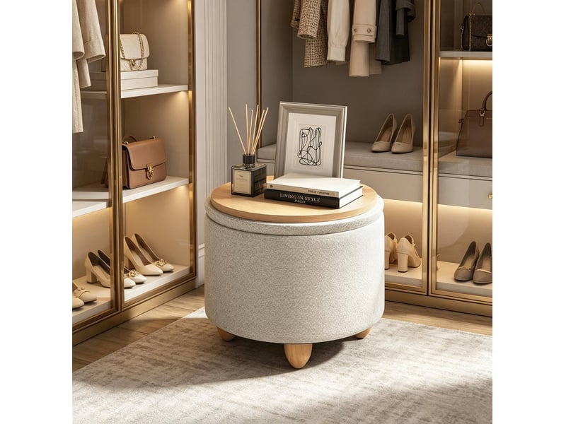  Pouf de rangement rond 39x39x33 cm mdf bois blanc  - Conforama C