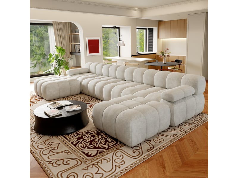  Canapé d’angle en u 6 places 400x200x68 cm sans structure, sans montage, canapé compressé en mousse haute résilience, tissu chenille blanc  - Conforama C