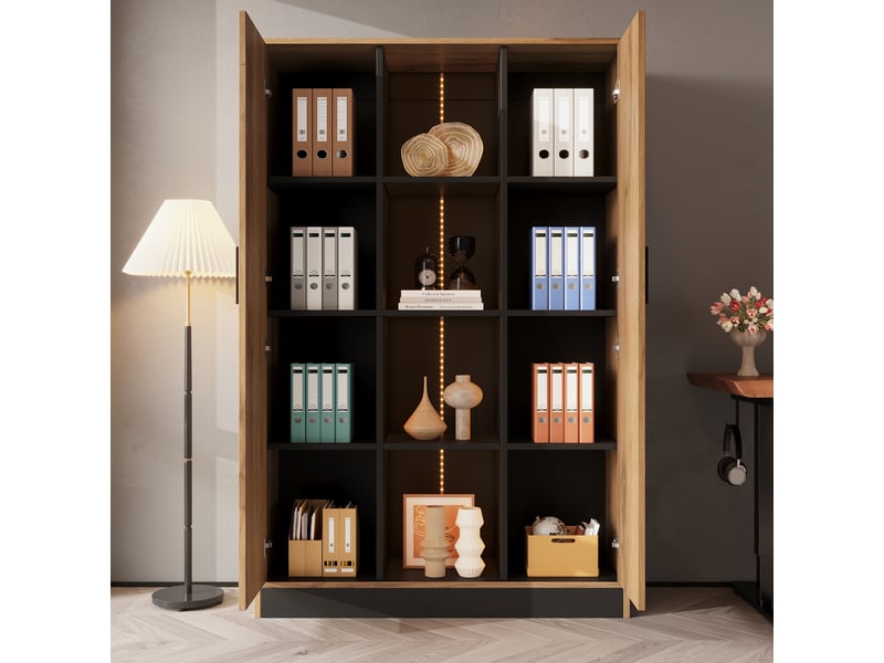  Vitrine noire et effet chêne 95x35x160 cm avec led, 2 portes et étagères réglables, meuble rangement salon bureau  - Conforama D