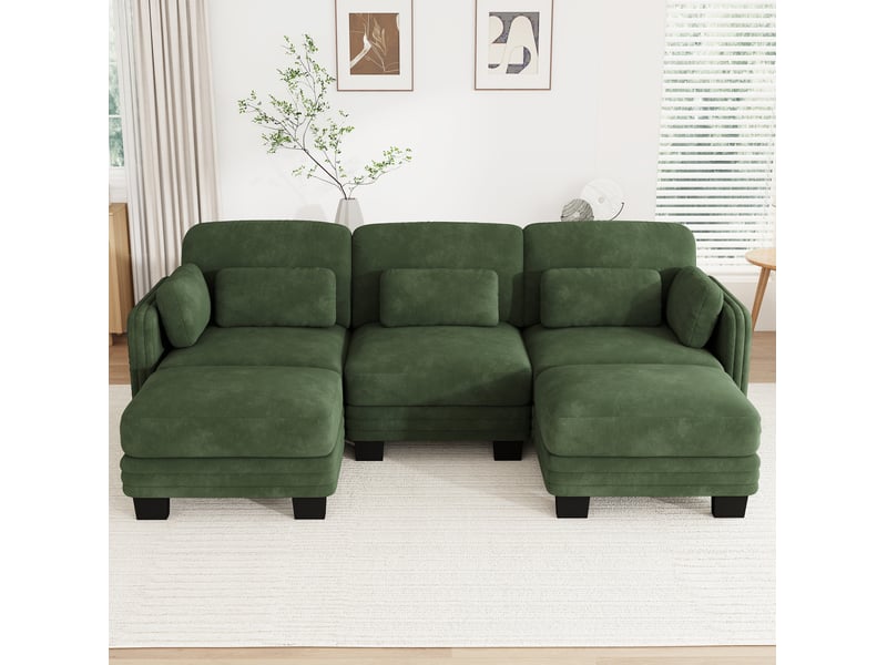  Canapé modulable tcqpz en u 3 places 253 x 143 x 88 cm avec 2 ottomans chenille vert  - Conforama E