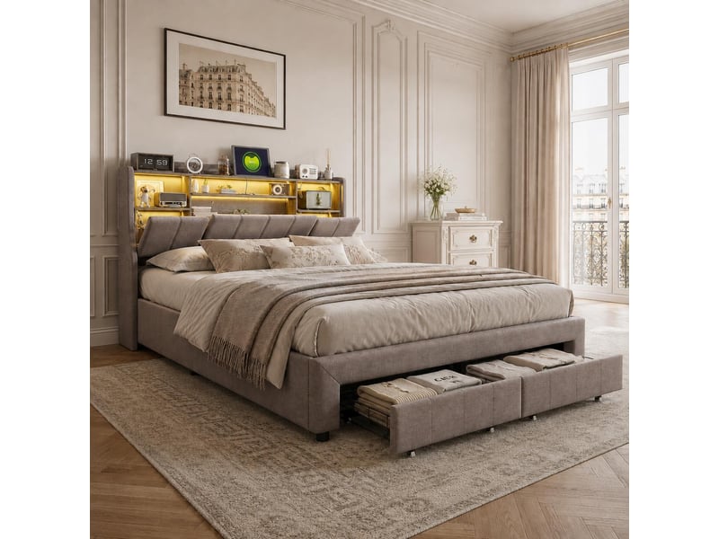  Lit double 140x200 cm avec 2 tiroirs rangement, lit rembourré avec led rvb et port usb de tête de lit étagère, tissu en lin, sommier à lattes, gris  - Conforama C