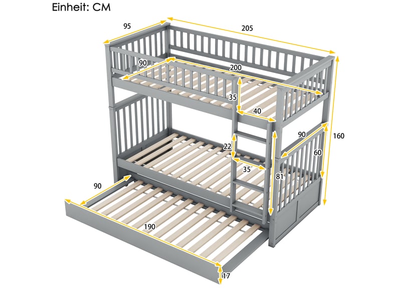  Lit superposé 90×200 cm et 90×190 cm, 3 places avec lit gigogne et escalier, sans matelas, en pin gris  - Conforama E