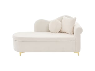 Méridienne avec coffre de rangement, dossier ondulé et coussins lombaire et cervical, tissu effet mouton beige blanc
