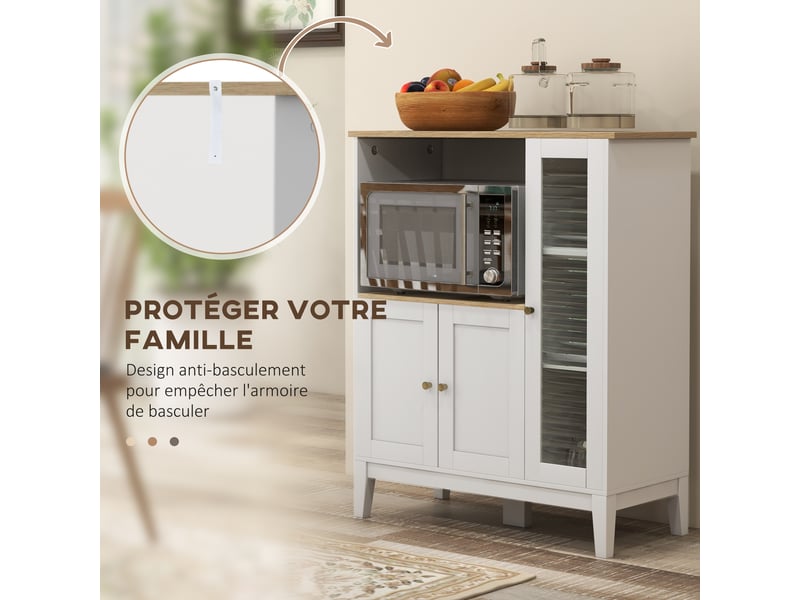  Meuble armoire micro-ondes pour cuisine avec 1 niche, 3 passe-câbles portes 80 x 35 x 97 cm blanc et aspect bois  - Conforama W
