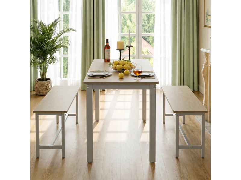  Ensemble table à manger 3 pièces 110x60x76 cm - table avec 2 bancs encastrables – mdf et acier – blanc et naturel  - Conforama E
