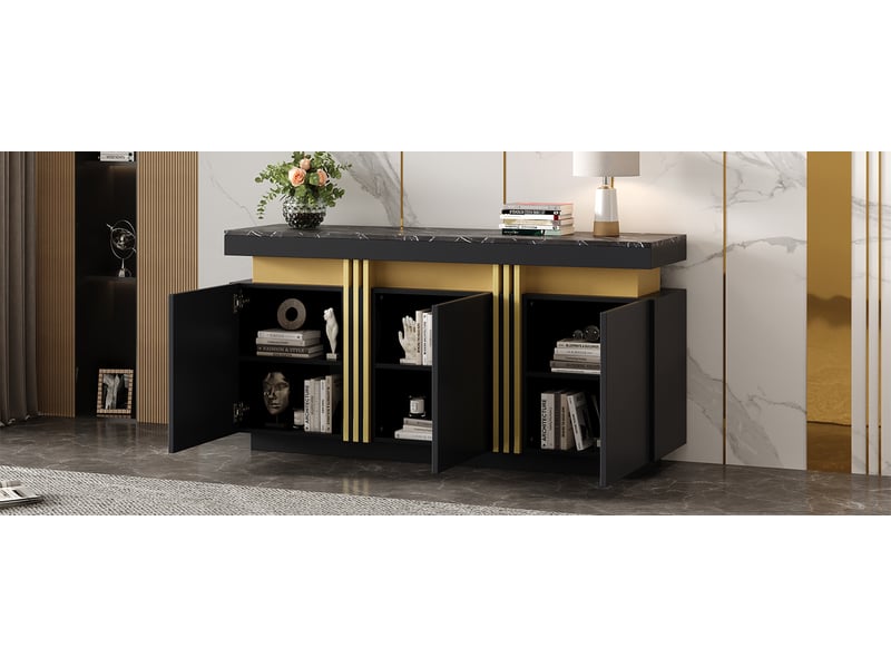  Buffet salle à manger noir 140x38x70 cm, meuble bas 3 portes avec rangements modulaires et plateforme supérieure pour décoration  - Conforama R