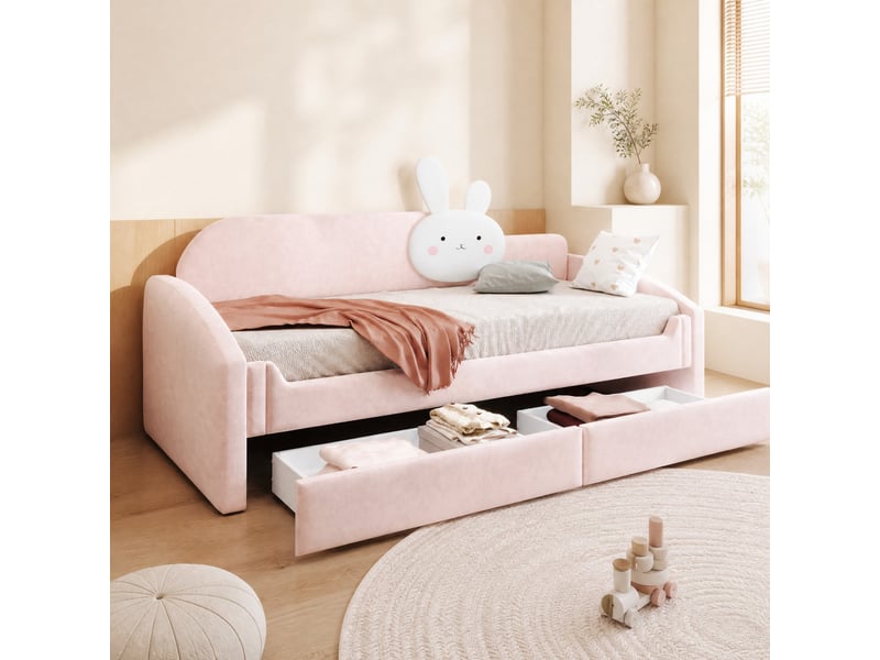  Lit enfant 90x200 cm avec 2 tiroirs et éclairage led en velours rose  - Conforama B