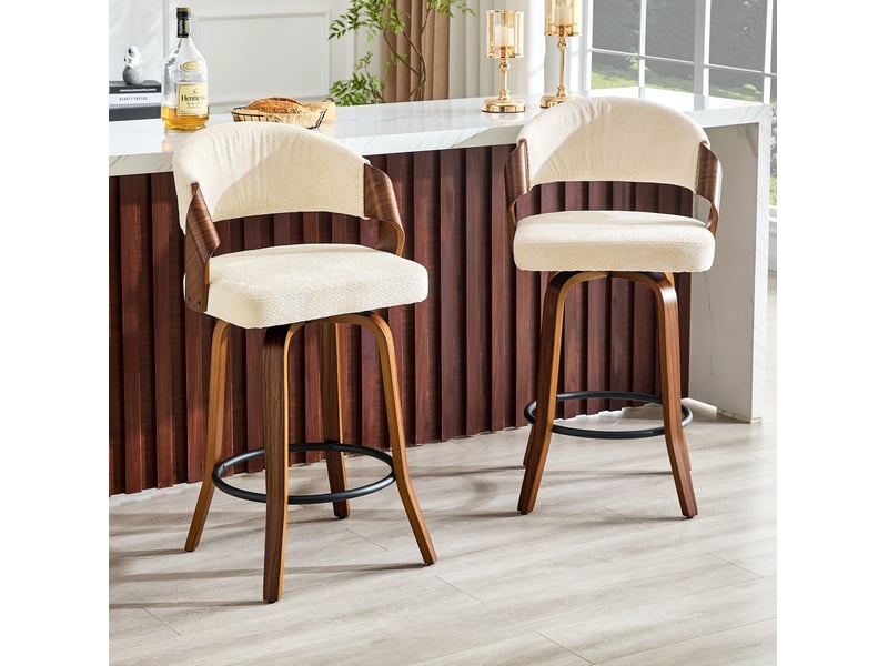  Tabourets de bar 51x42x95 cm lot de 2, tabouret haut, dossier ergonomique, assise tissu, pieds bois, cuisine, blanc  - Conforama D